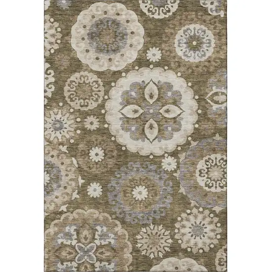 Brown Gray And Beige Medallion Washable Area Rug With UV Protection Photo 4