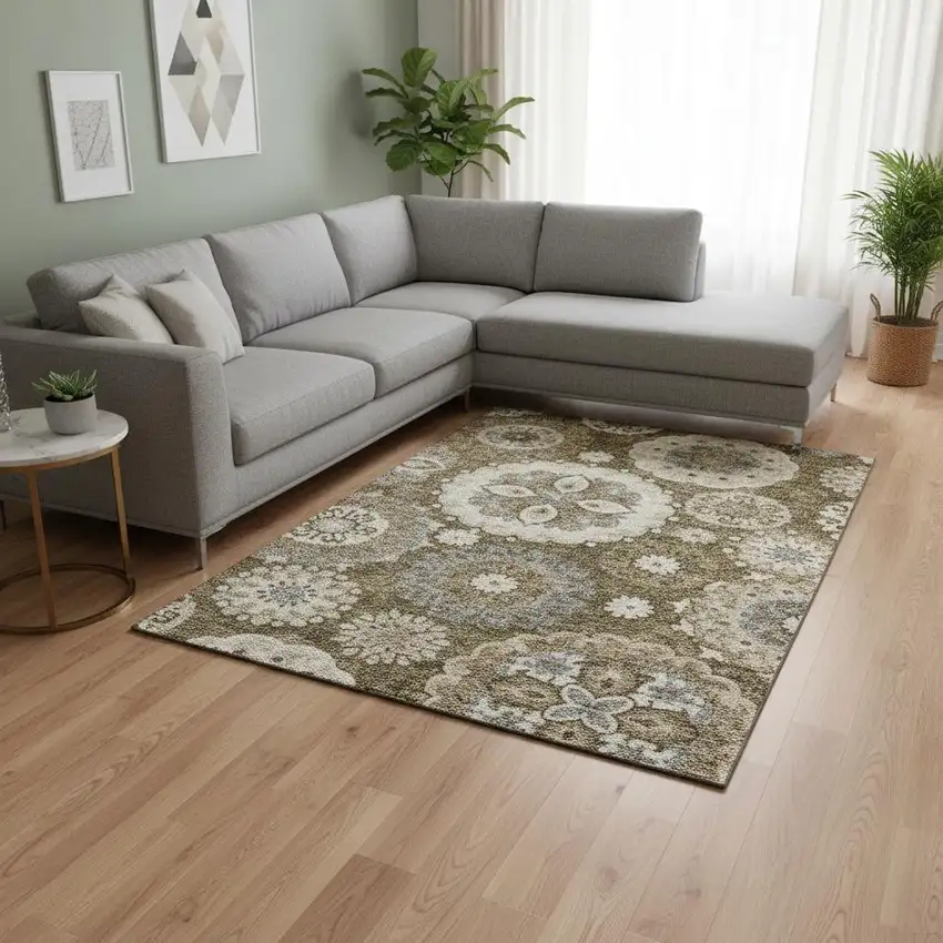 Brown Gray And Beige Medallion Washable Area Rug With UV Protection Photo 2