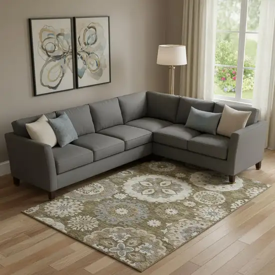 Brown Gray And Beige Medallion Washable Area Rug With UV Protection Photo 1