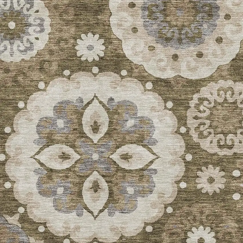 Brown Gray And Beige Medallion Washable Area Rug With UV Protection Photo 3