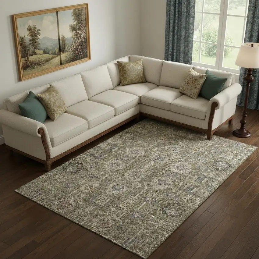 Brown Gray And Beige Oriental Washable Area Rug With UV Protection Photo 1
