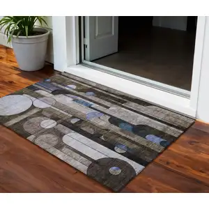 Photo of Brown Gray And Blue Geometric Washable Indoor Outdoor Area Rug