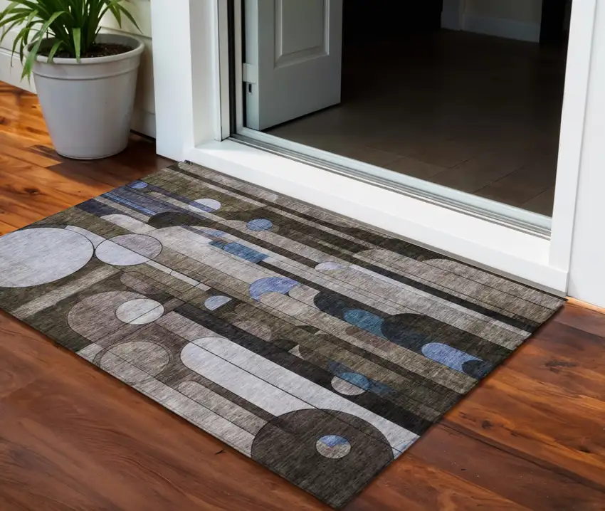 Brown Gray And Blue Geometric Washable Indoor Outdoor Area Rug Photo 1