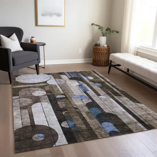 Brown Gray And Blue Geometric Washable Indoor Outdoor Area Rug Photo 9