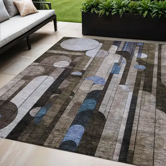 Brown Gray And Blue Geometric Washable Indoor Outdoor Area Rug Photo 1