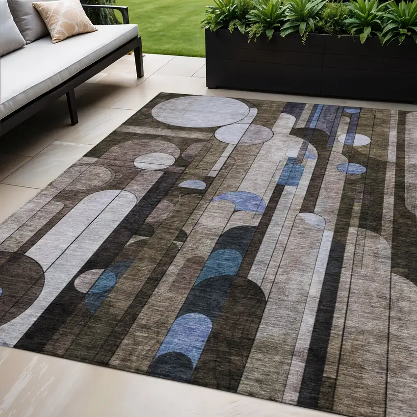 Brown Gray And Blue Geometric Washable Indoor Outdoor Area Rug Photo 1