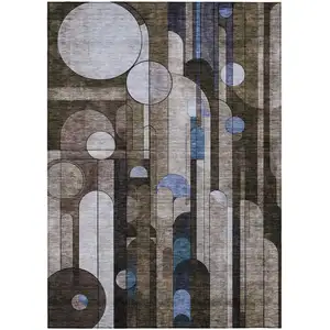 Photo of Brown Gray And Blue Geometric Washable Indoor Outdoor Area Rug