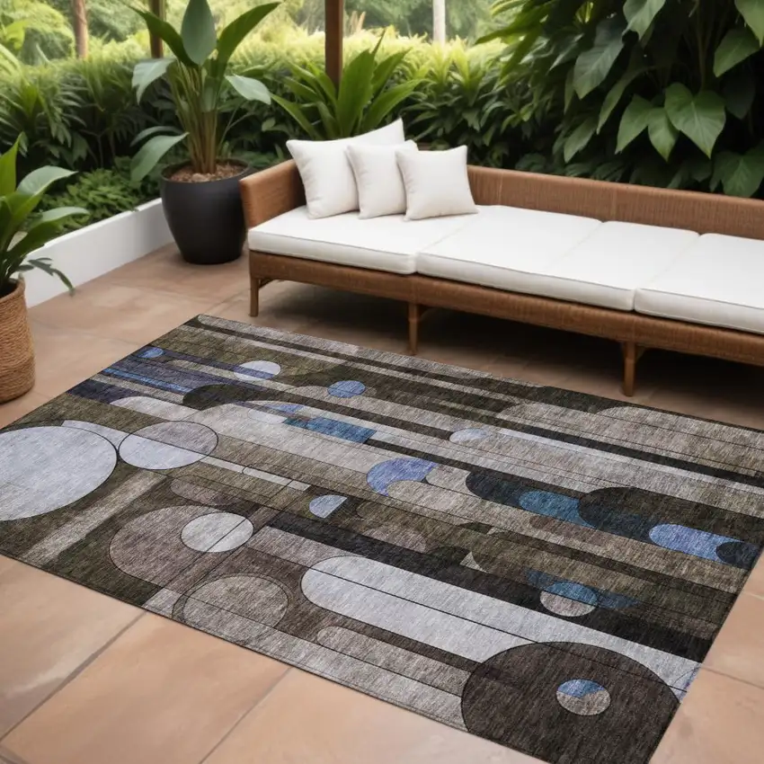Brown Gray And Blue Geometric Washable Indoor Outdoor Area Rug Photo 1