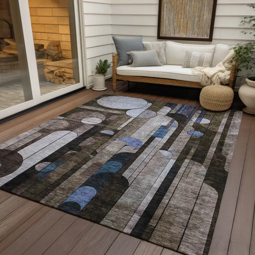 Brown Gray And Blue Geometric Washable Indoor Outdoor Area Rug Photo 7