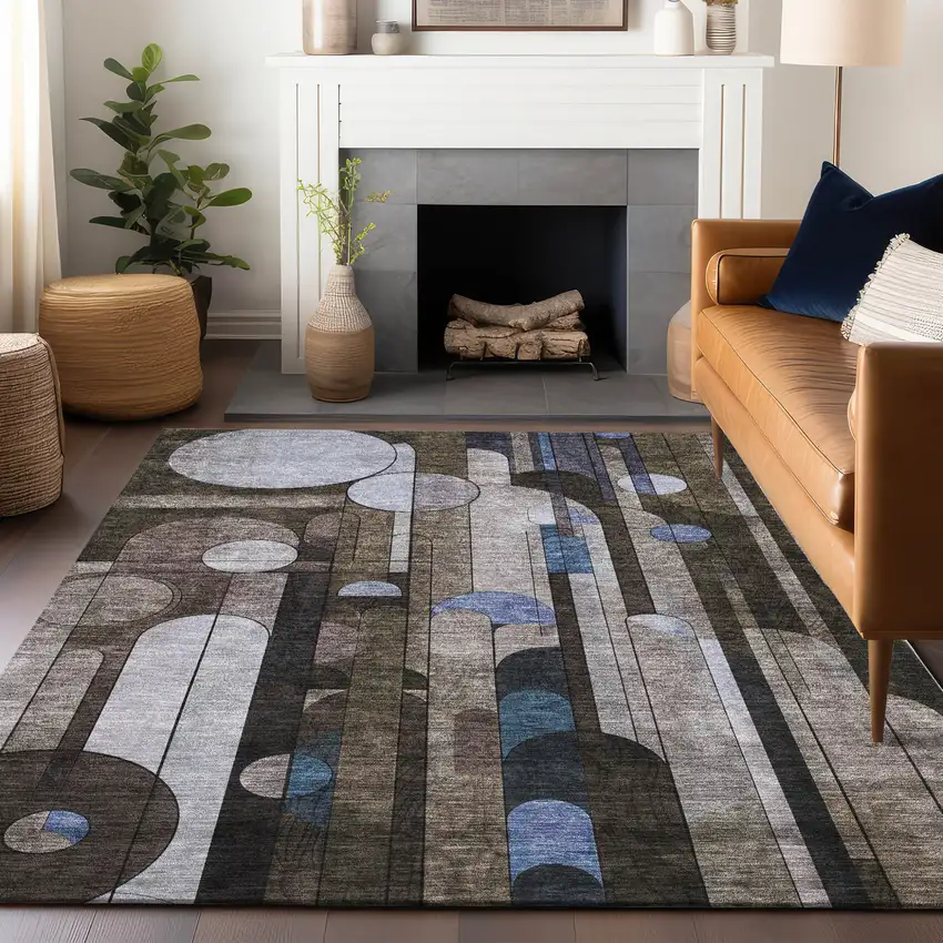 Brown Gray And Blue Geometric Washable Indoor Outdoor Area Rug Photo 8