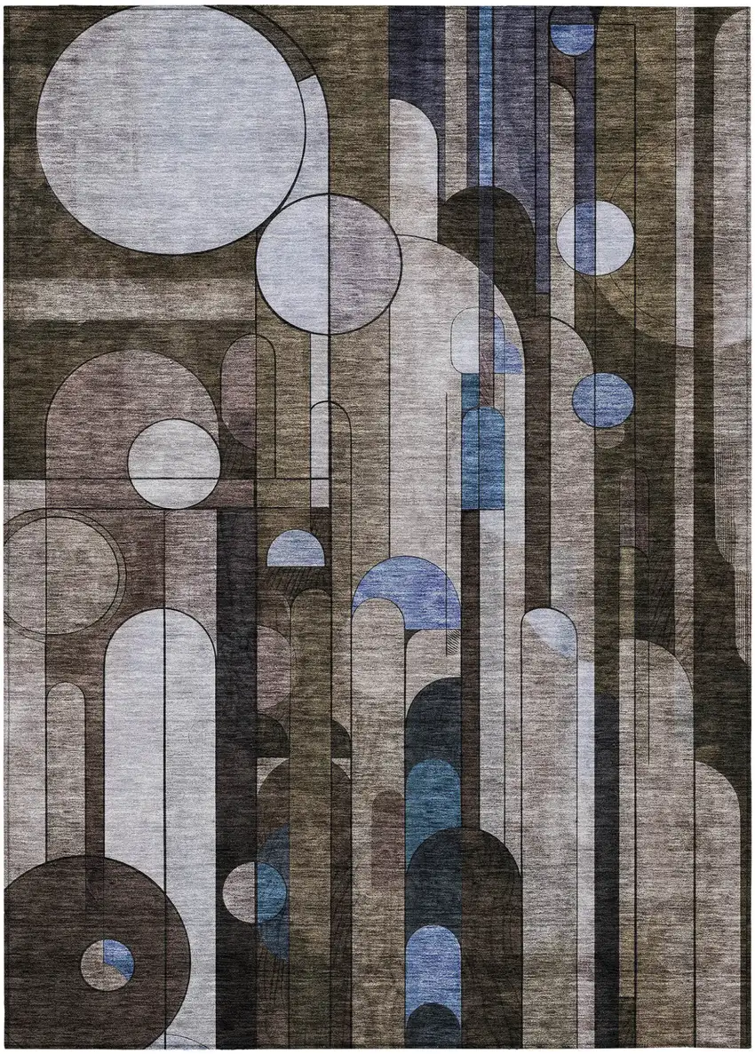 Brown Gray And Blue Geometric Washable Indoor Outdoor Area Rug Photo 2