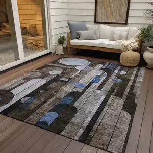 Photo of Brown Gray And Blue Geometric Washable Indoor Outdoor Area Rug