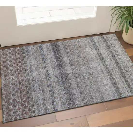 Brown Gray And Blue Striped Washable Area Rug With UV Protection Photo 1