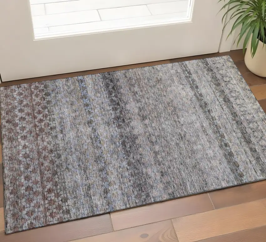 Brown Gray And Blue Striped Washable Area Rug With UV Protection Photo 1