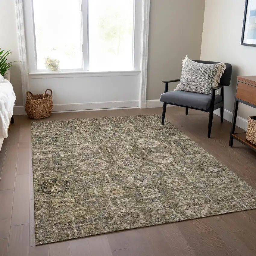 Brown Gray And Charcoal Oriental Washable Indoor Outdoor Area Rug Photo 8