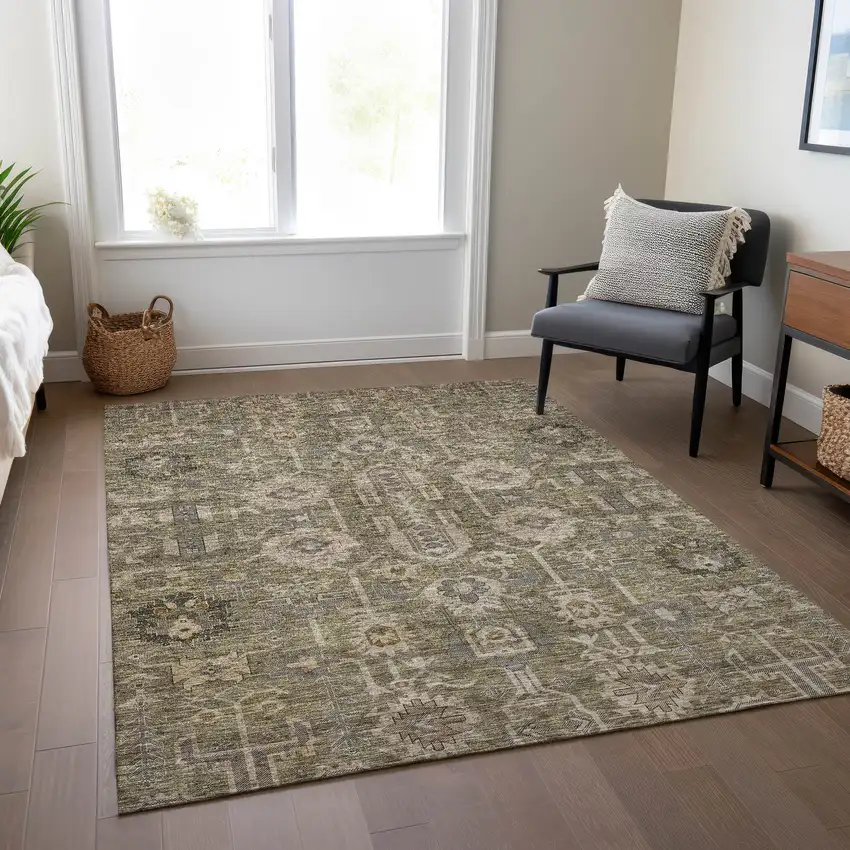 Brown Gray And Charcoal Oriental Washable Indoor Outdoor Area Rug Photo 8
