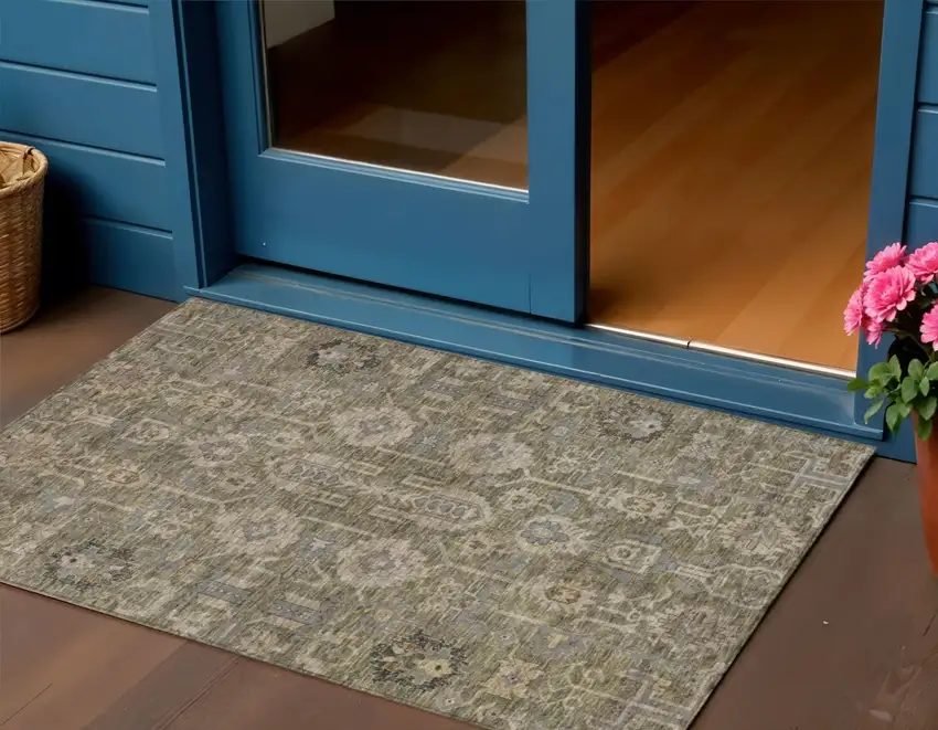 Brown Gray And Charcoal Oriental Washable Indoor Outdoor Area Rug Photo 1