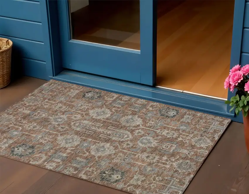 Brown Gray And Charcoal Oriental Washable Indoor Outdoor Area Rug Photo 1