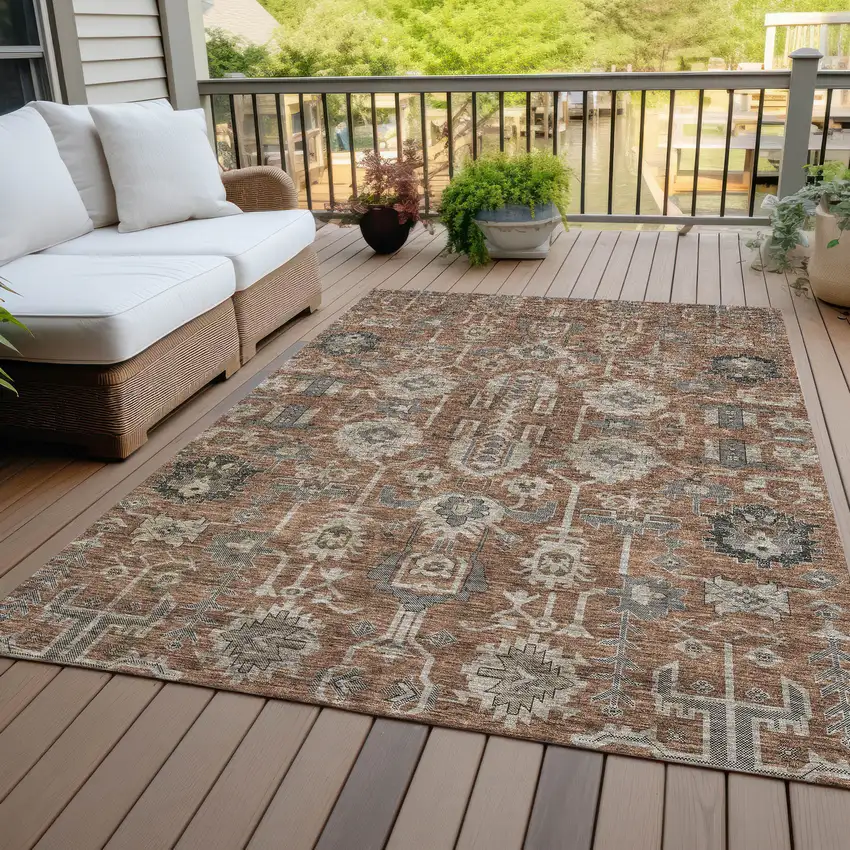 Brown Gray And Charcoal Oriental Washable Indoor Outdoor Area Rug Photo 7