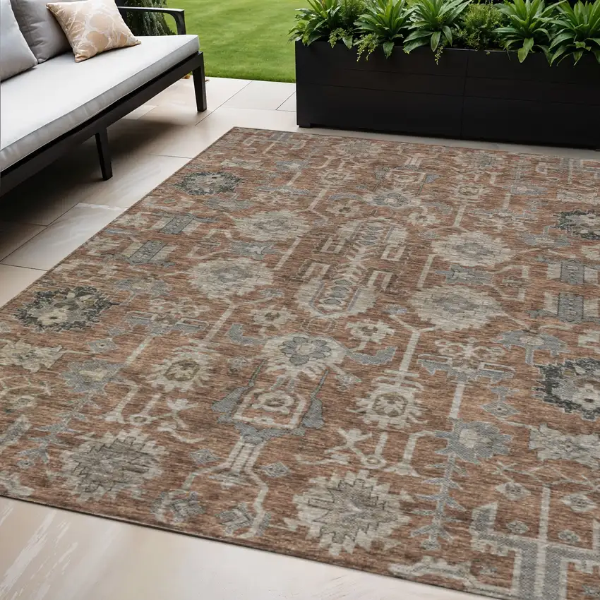 Brown Gray And Charcoal Oriental Washable Indoor Outdoor Area Rug Photo 1