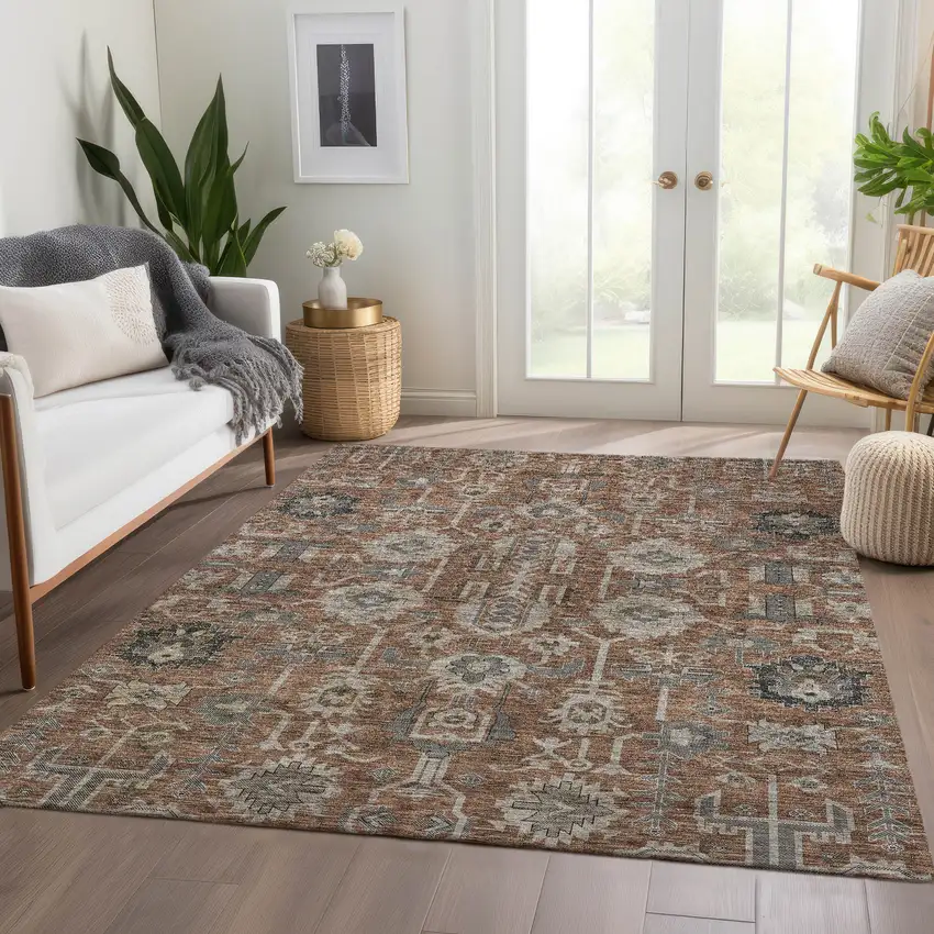 Brown Gray And Charcoal Oriental Washable Indoor Outdoor Area Rug Photo 8