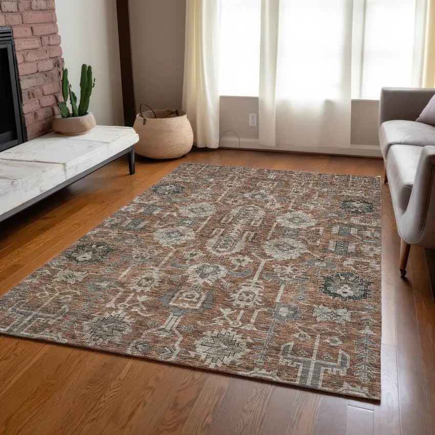 Brown Gray And Charcoal Oriental Washable Indoor Outdoor Area Rug Photo 9