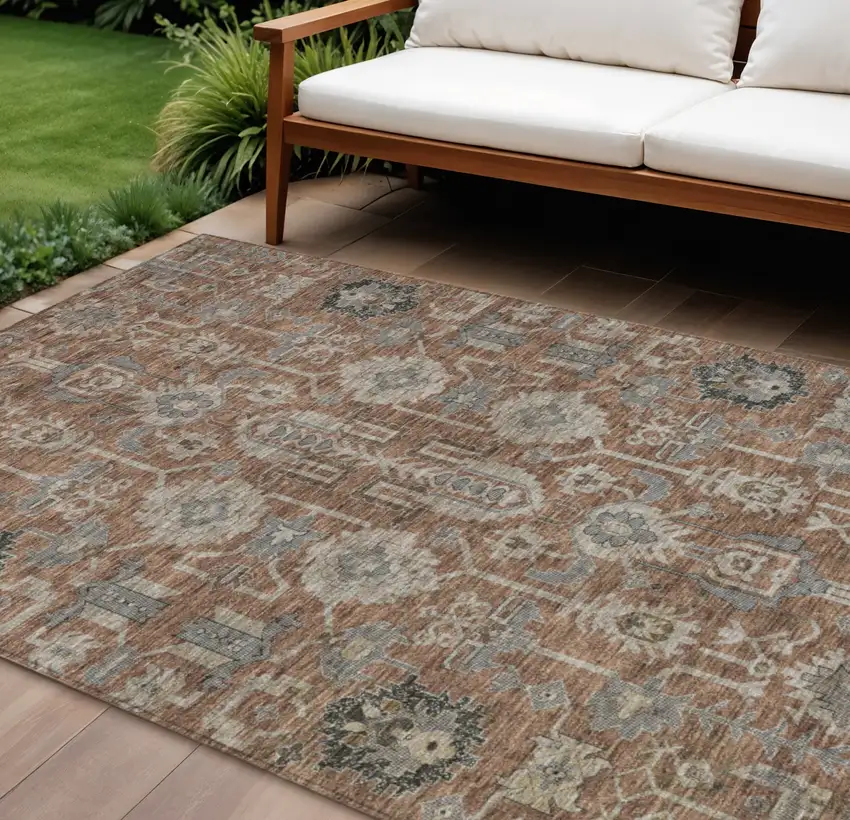 Brown Gray And Charcoal Oriental Washable Indoor Outdoor Area Rug Photo 1
