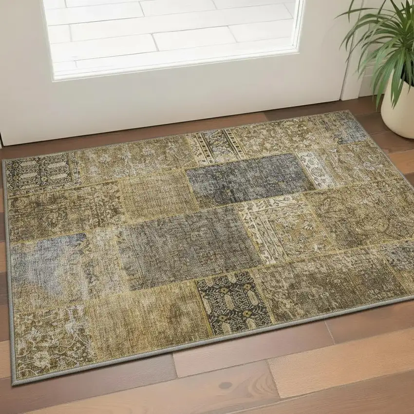 Brown Gray And Charcoal Patchwork Washable Area Rug With UV Protection Photo 2