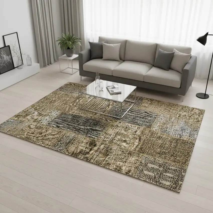 Brown Gray And Charcoal Patchwork Washable Area Rug With UV Protection Photo 1