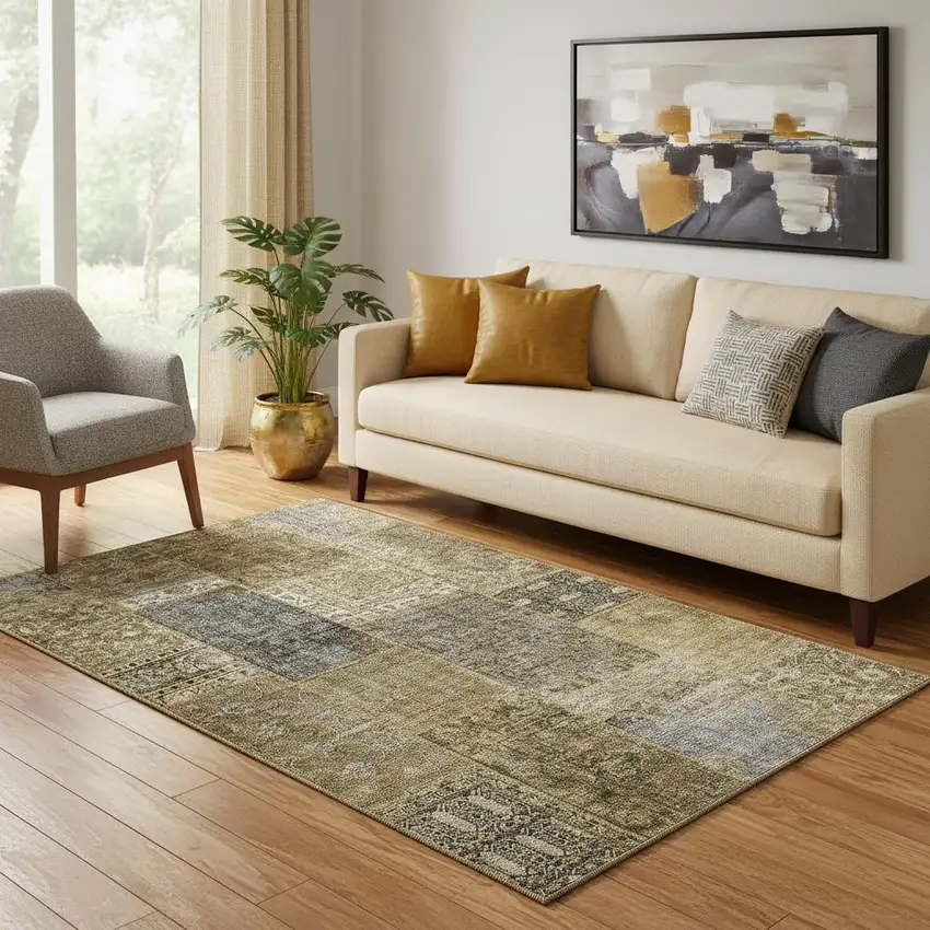 Brown Gray And Charcoal Patchwork Washable Area Rug With UV Protection Photo 1