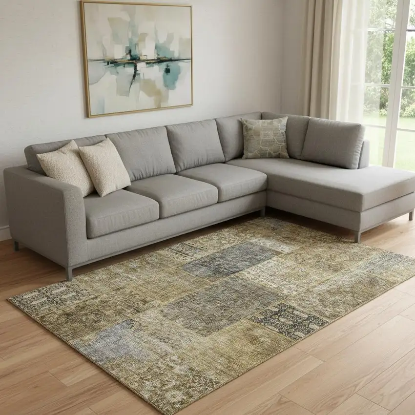 Brown Gray And Charcoal Patchwork Washable Area Rug With UV Protection Photo 1