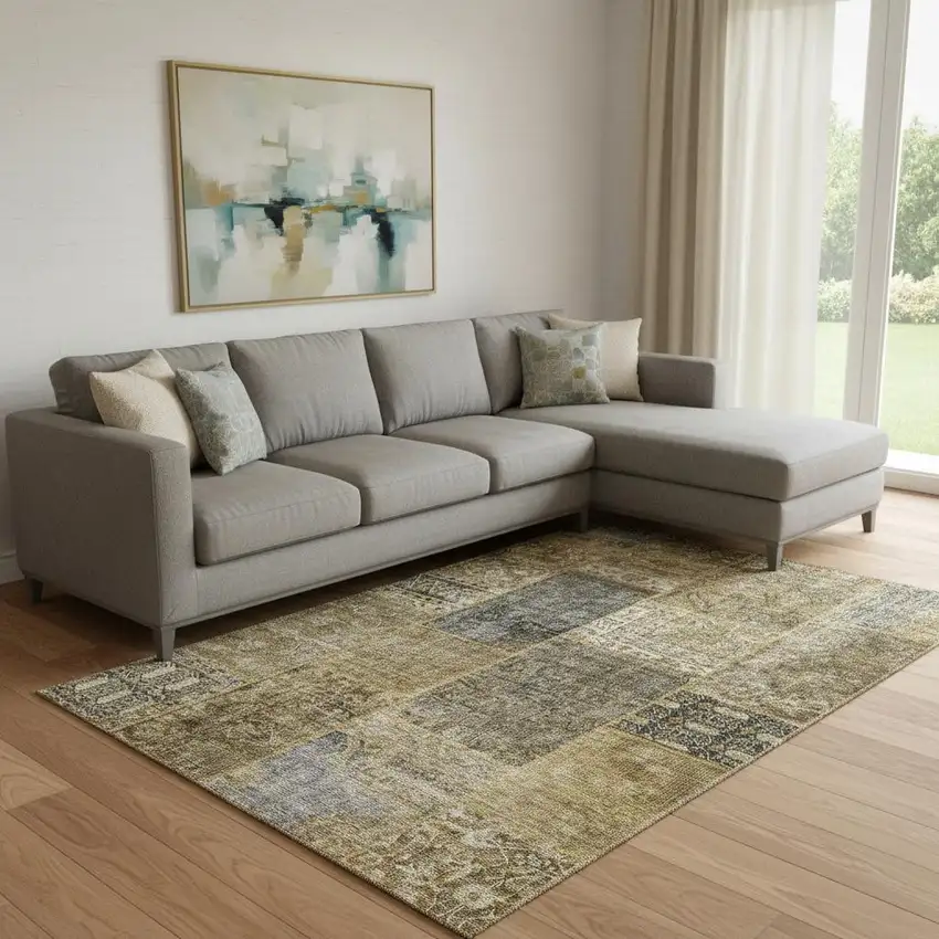 Brown Gray And Charcoal Patchwork Washable Area Rug With UV Protection Photo 1