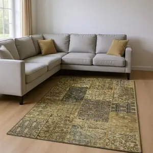 Photo of Brown Gray And Charcoal Patchwork Washable Area Rug With UV Protection