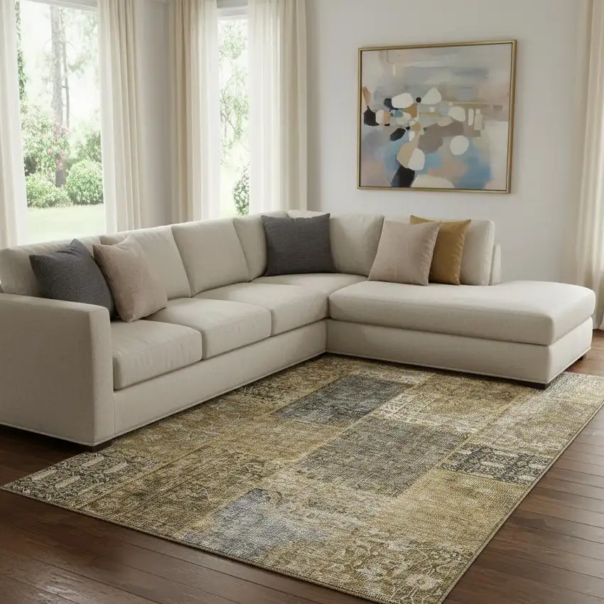 Brown Gray And Charcoal Patchwork Washable Area Rug With UV Protection Photo 1