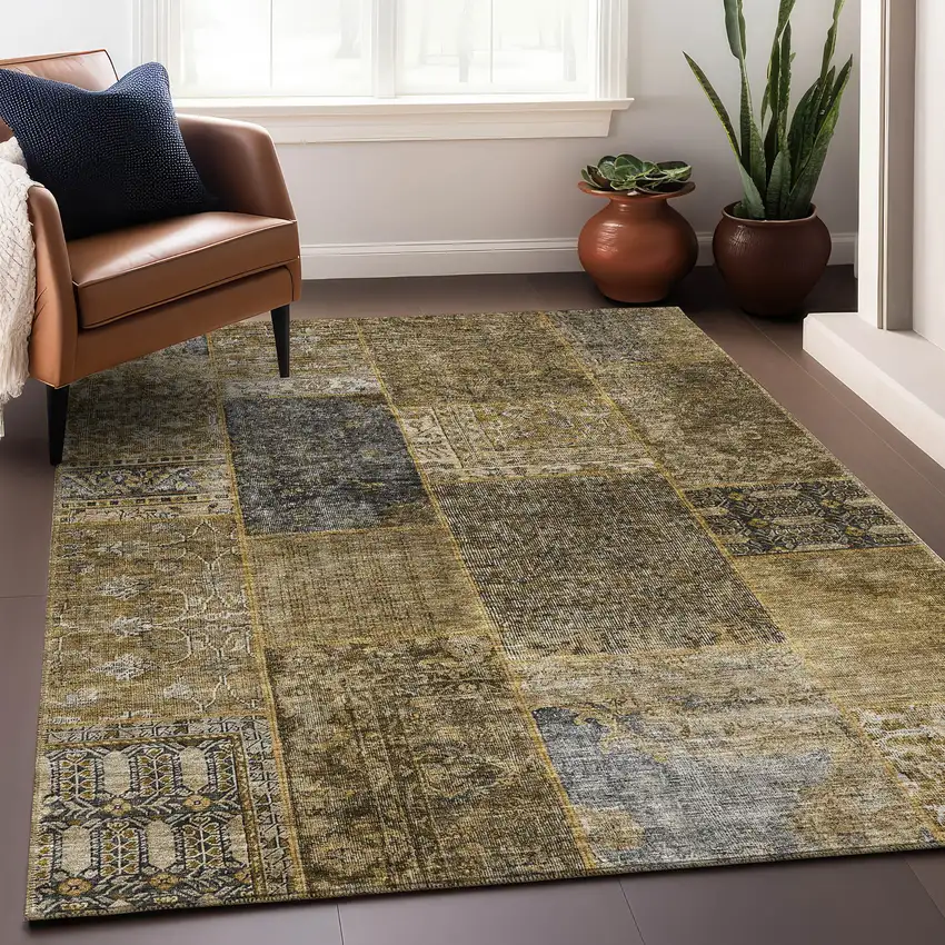 Brown Gray And Charcoal Patchwork Washable Area Rug With UV Protection Photo 7