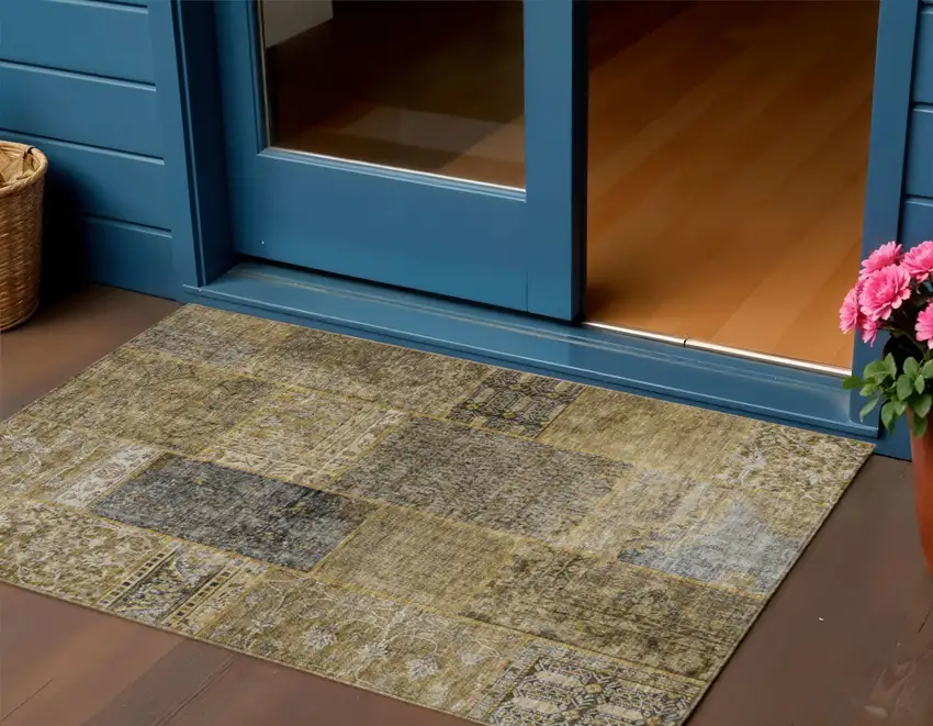 Brown Gray And Charcoal Patchwork Washable Indoor Outdoor Area Rug Photo 1