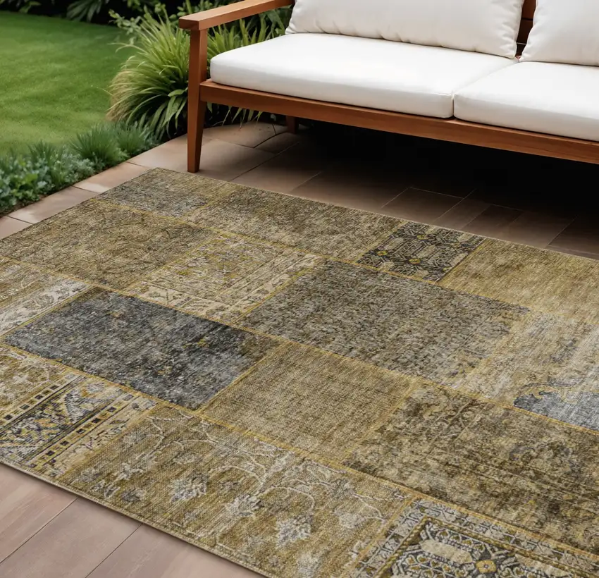 Brown Gray And Charcoal Patchwork Washable Indoor Outdoor Area Rug Photo 1