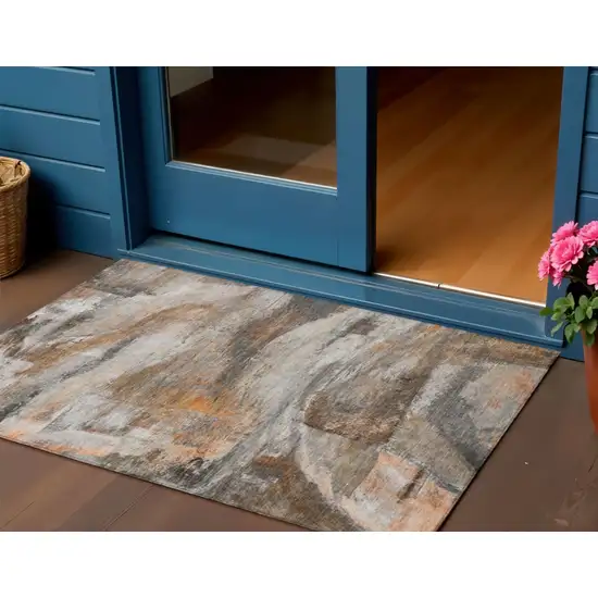 Brown Gray And Copper Abstract Washable Indoor Outdoor Area Rug Photo 2