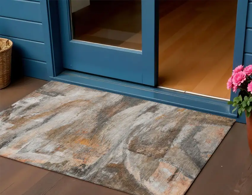 Brown Gray And Copper Abstract Washable Indoor Outdoor Area Rug Photo 2