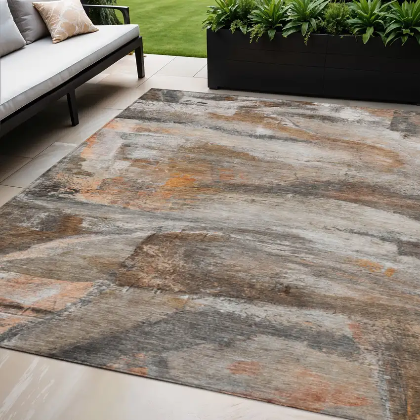 Brown Gray And Copper Abstract Washable Indoor Outdoor Area Rug Photo 2