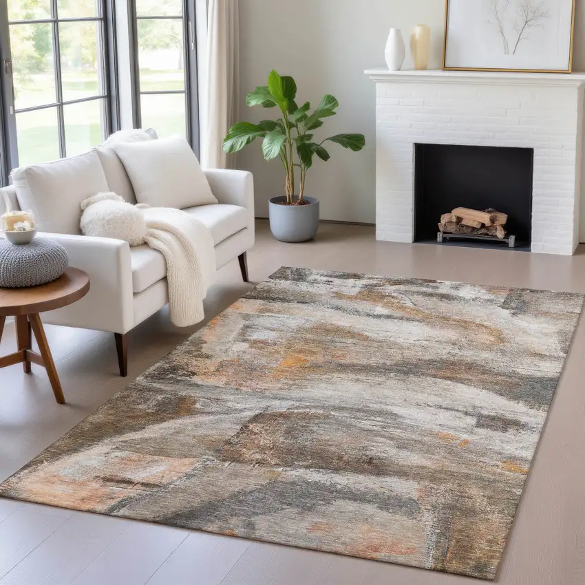 Brown Gray And Copper Abstract Washable Indoor Outdoor Area Rug Photo 6