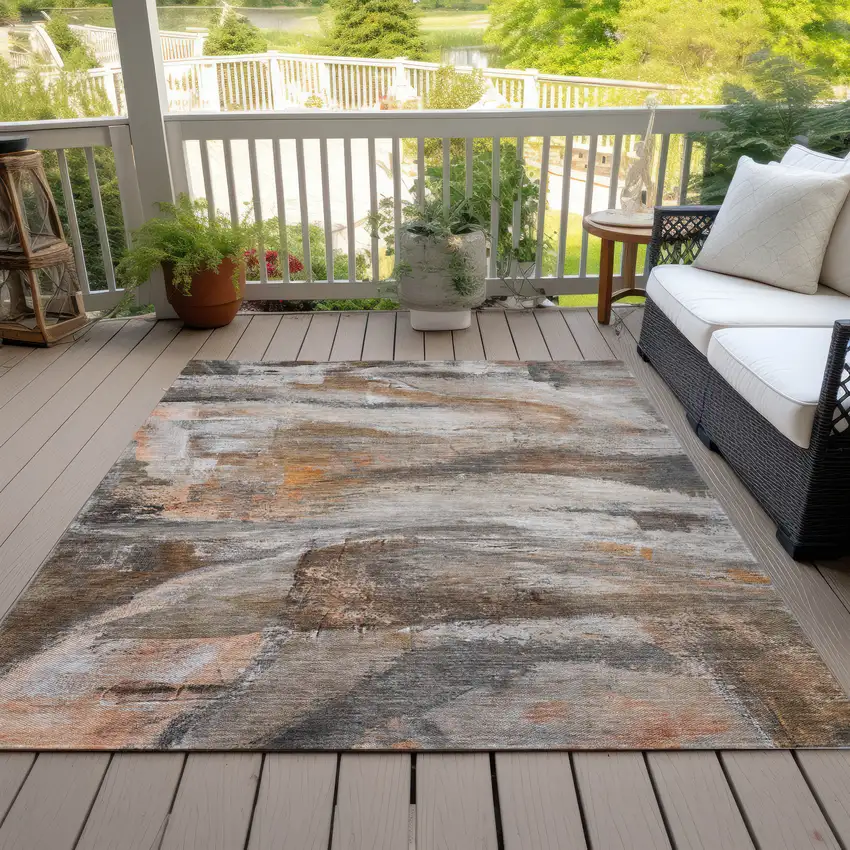 Brown Gray And Copper Abstract Washable Indoor Outdoor Area Rug Photo 7