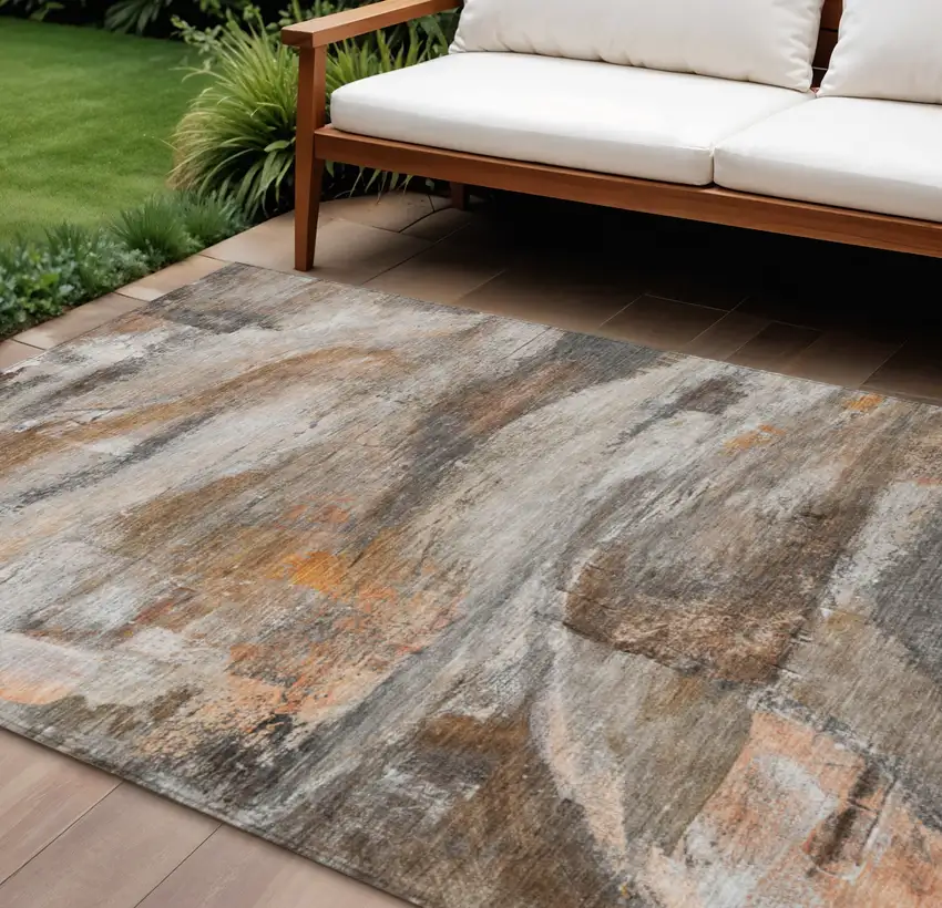 Brown Gray And Copper Abstract Washable Indoor Outdoor Area Rug Photo 2