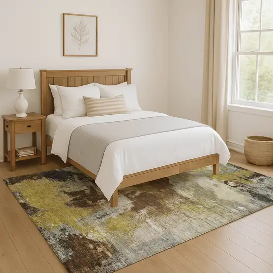 Brown Gray And Gold Abstract Washable Area Rug With UV Protection Photo 1