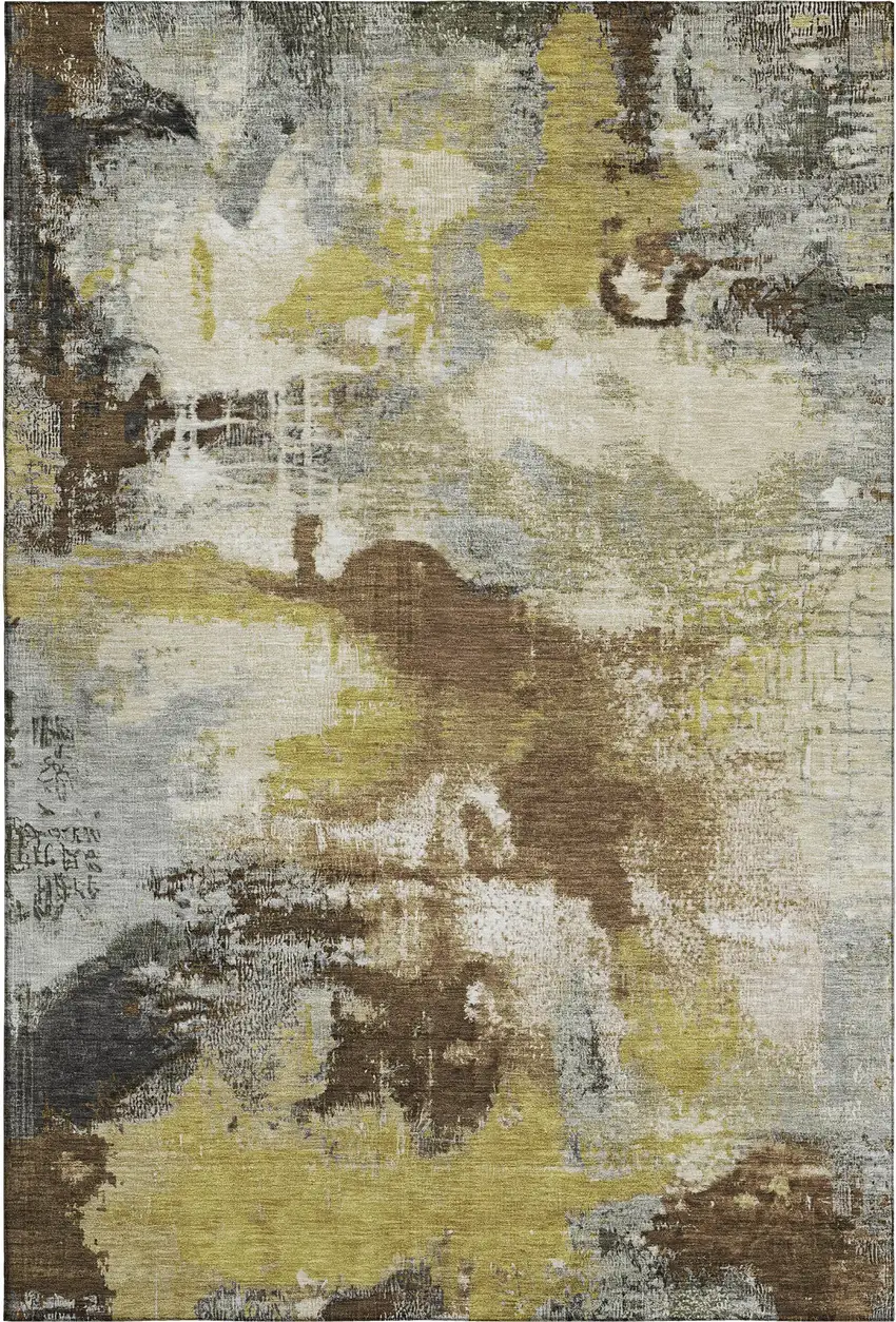 Brown Gray And Gold Abstract Washable Area Rug With UV Protection Photo 3