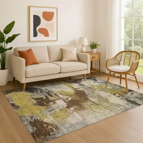 Brown Gray And Gold Abstract Washable Area Rug With UV Protection Photo 2