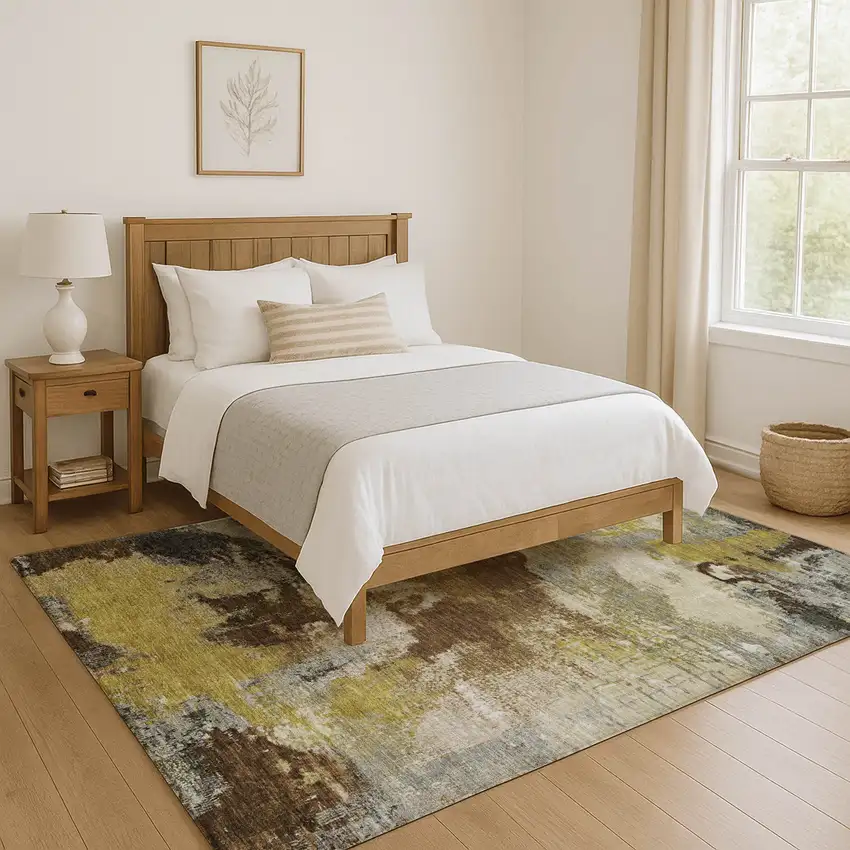 Brown Gray And Gold Abstract Washable Area Rug With UV Protection Photo 1