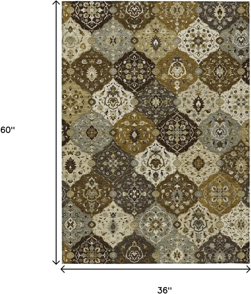 Brown Gray And Gold Floral Medallion Washable Indoor Outdoor Area Rug Photo 3