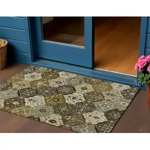 Photo of Brown Gray And Gold Floral Medallion Washable Indoor Outdoor Area Rug