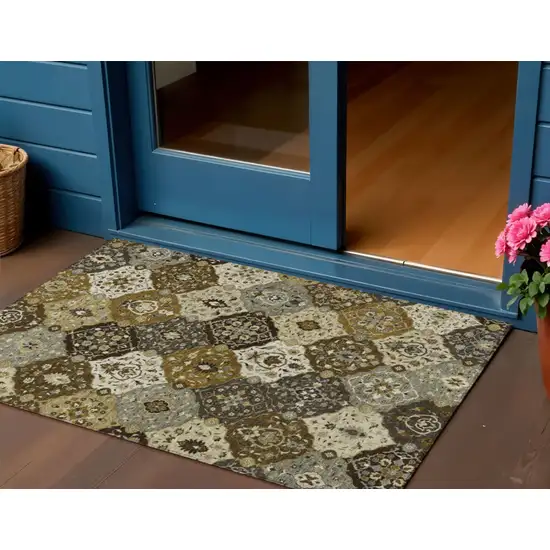 Brown Gray And Gold Floral Medallion Washable Indoor Outdoor Area Rug Photo 1